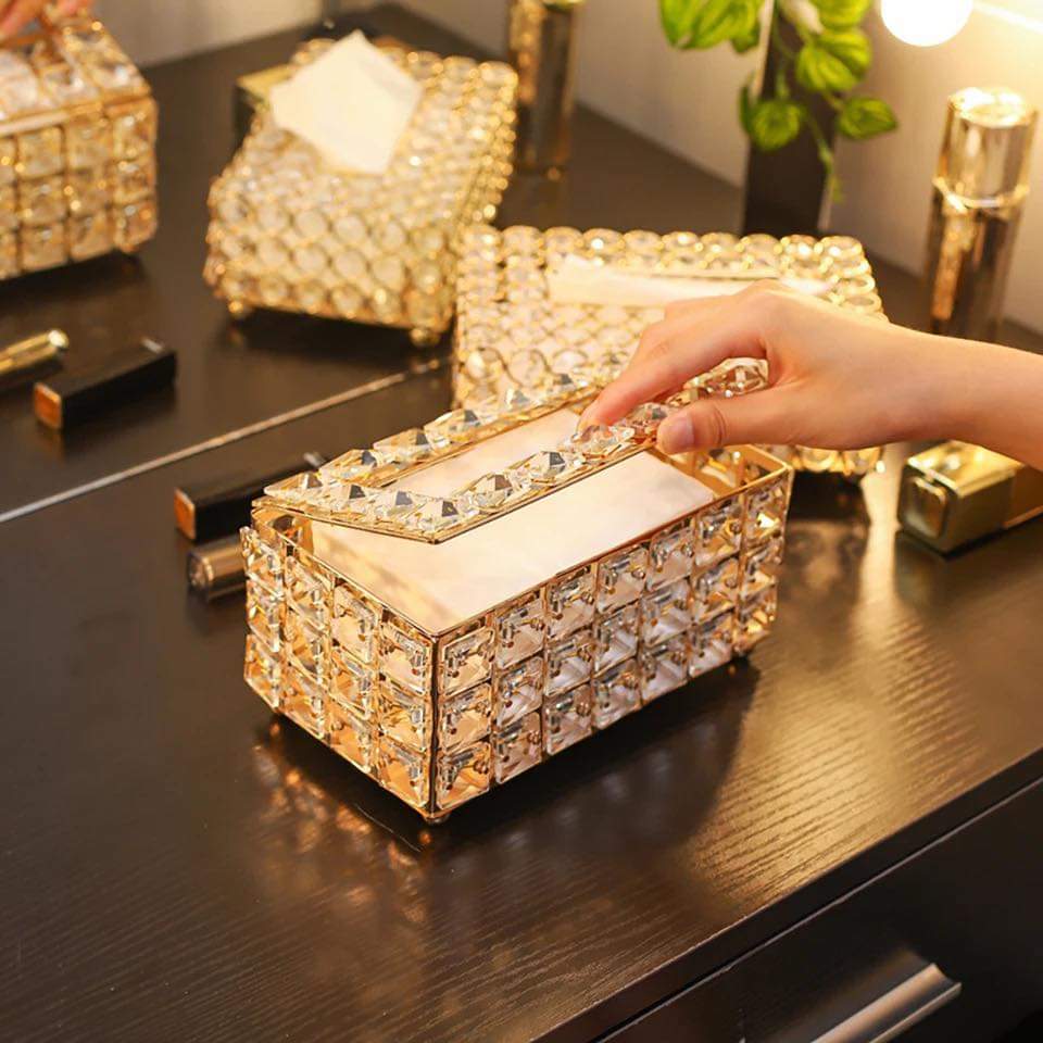 Luxury Crystal Tissue Box – Gold Decorative Napkin Holder for Home & Office